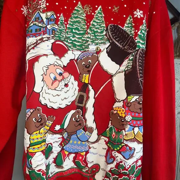 Vintage Nutcracker Puffy Glitter Santa Collared Pullover Sweatshirt - Picture 2 of 5